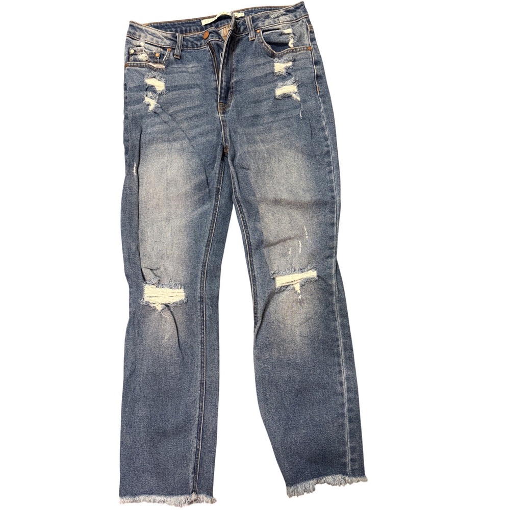Tinseltown‎ Women Distressed Straight Leg Jeans Medium Wash Raw Hem Size 11